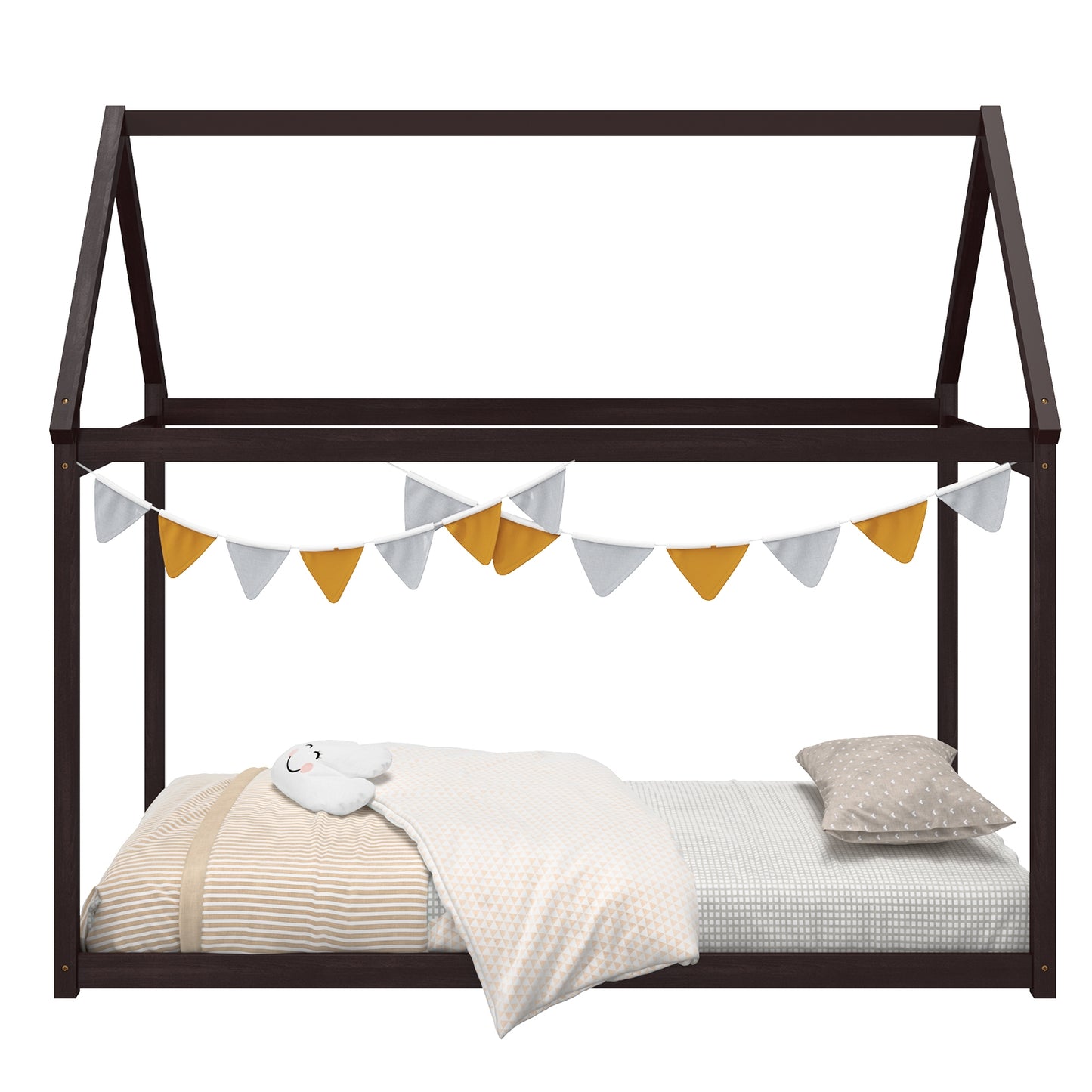 Durable Twin Platform Kids Bed with Roof and Heavy-Duty Slats – Espresso