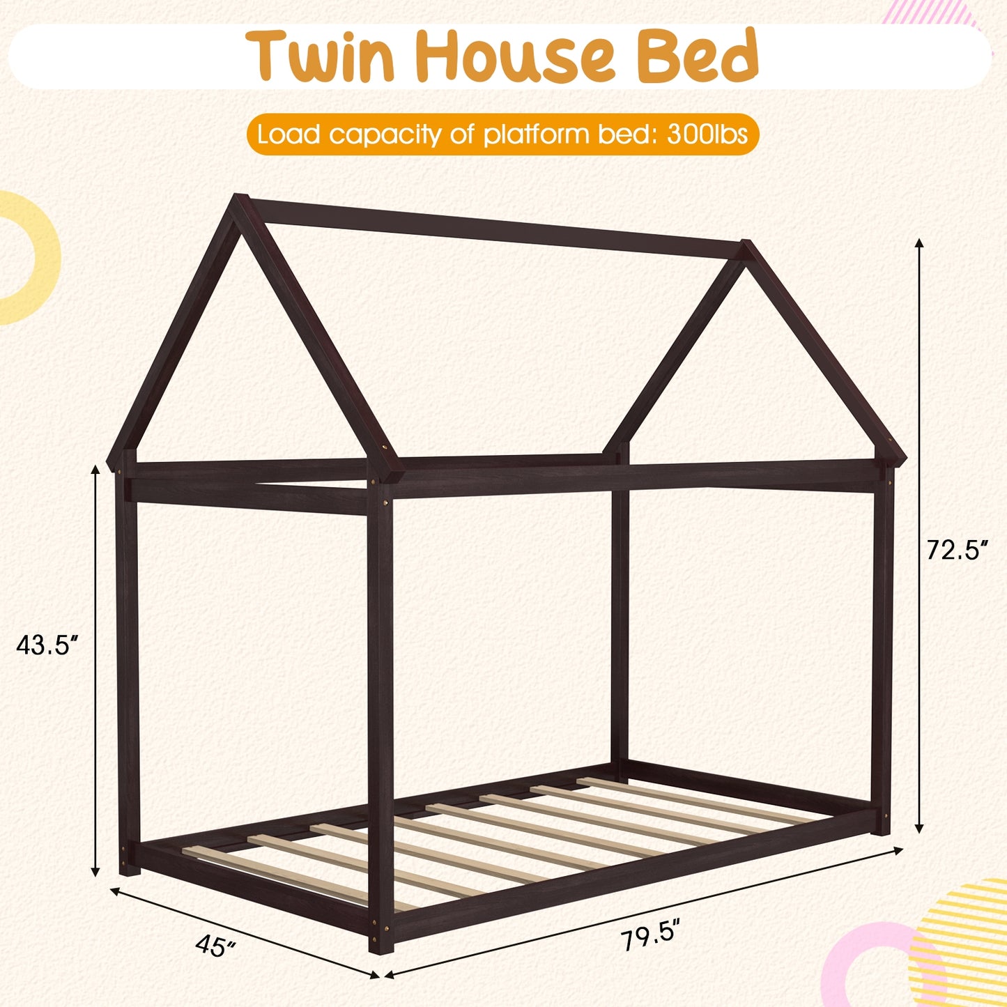 Durable Twin Platform Kids Bed with Roof and Heavy-Duty Slats – Espresso