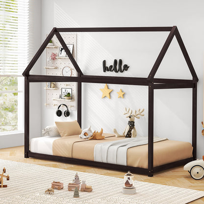 Durable Twin Platform Kids Bed with Roof and Heavy-Duty Slats – Espresso