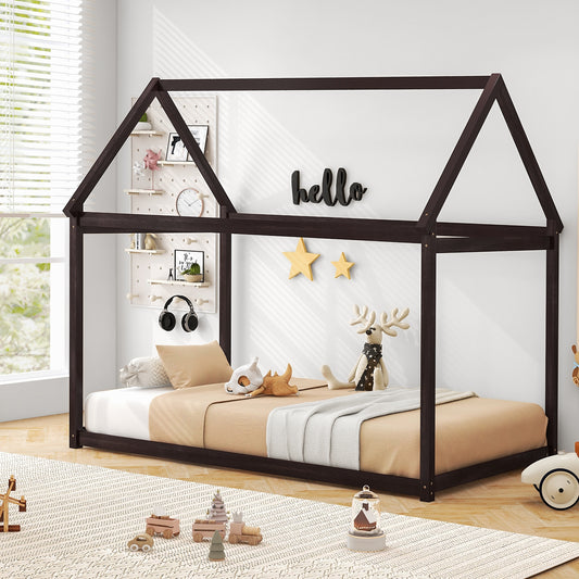 Durable Twin Platform Kids Bed with Roof and Heavy-Duty Slats – Espresso