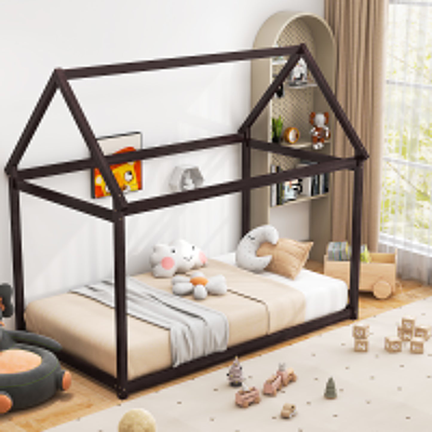 Durable Twin Platform Kids Bed with Roof and Heavy-Duty Slats – Espresso