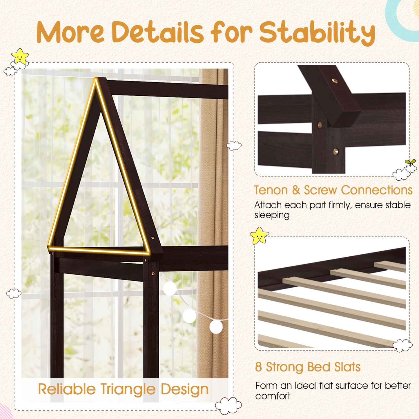 Durable Twin Platform Kids Bed with Roof and Heavy-Duty Slats – Espresso