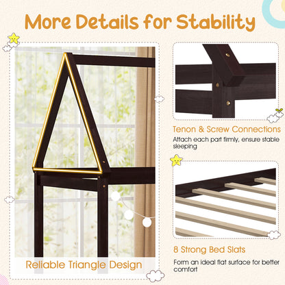 Durable Twin Platform Kids Bed with Roof and Heavy-Duty Slats – Espresso