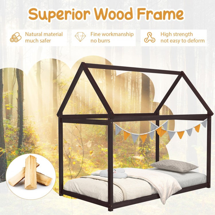 Durable Twin Platform Kids Bed with Roof and Heavy-Duty Slats – Espresso