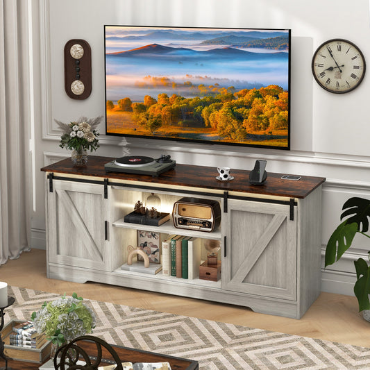 TV Console Table with LED Lights and Sliding Barn Doors for TVs up to 65 Inches – Grey