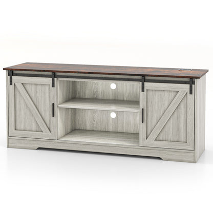 TV Console Table with LED Lights and Sliding Barn Doors for TVs up to 65 Inches – Grey