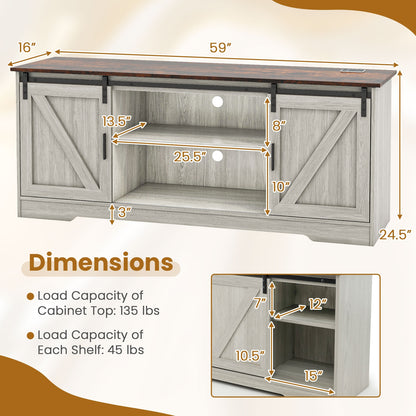 TV Console Table with LED Lights and Sliding Barn Doors for TVs up to 65 Inches – Grey