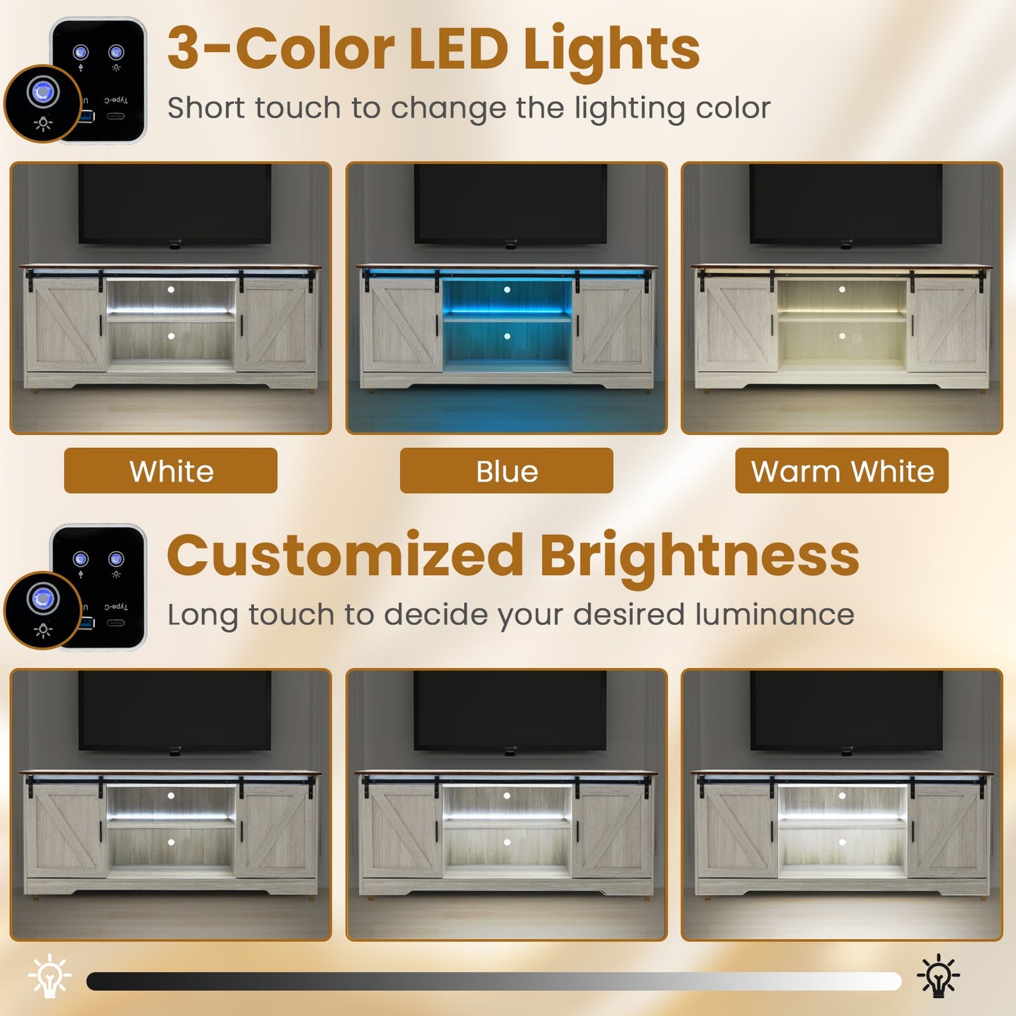 TV Console Table with LED Lights and Sliding Barn Doors for TVs up to 65 Inches – Grey