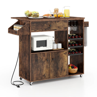 Rolling Drop Leaf Kitchen Island with Power Outlets Adjustable Shelf Wine Rack and Storage Drawer - Rustic Brown