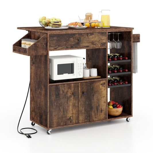 Rolling Drop Leaf Kitchen Island with Power Outlets Adjustable Shelf Wine Rack and Storage Drawer - Rustic Brown