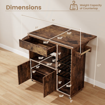 Rolling Drop Leaf Kitchen Island with Power Outlets Adjustable Shelf Wine Rack and Storage Drawer - Rustic Brown
