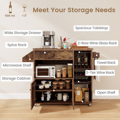 Rolling Drop Leaf Kitchen Island with Power Outlets Adjustable Shelf Wine Rack and Storage Drawer - Rustic Brown
