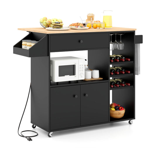 Rolling Drop Leaf Kitchen Island with Power Outlets Adjustable Shelf Wine Rack and Storage Drawer - Black
