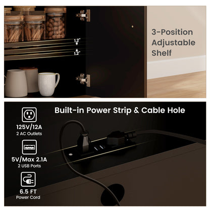 Rolling Drop Leaf Kitchen Island with Power Outlets Adjustable Shelf Wine Rack and Storage Drawer - Black