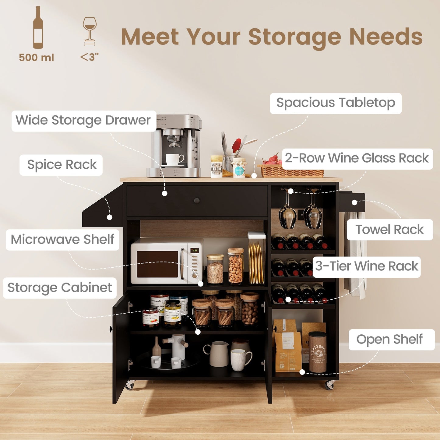 Rolling Drop Leaf Kitchen Island with Power Outlets Adjustable Shelf Wine Rack and Storage Drawer - Black
