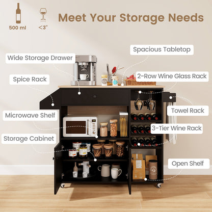 Rolling Drop Leaf Kitchen Island with Power Outlets Adjustable Shelf Wine Rack and Storage Drawer - Black