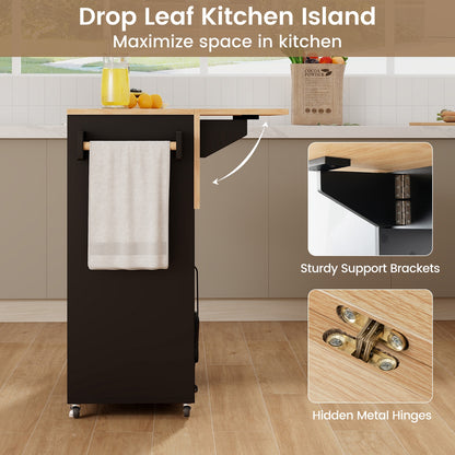 Rolling Drop Leaf Kitchen Island with Power Outlets Adjustable Shelf Wine Rack and Storage Drawer - Black