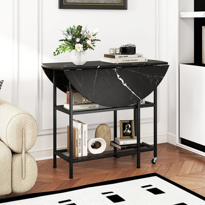 Space-Saving Round Folding Dining Table with Lockable Wheels and Black Faux Marble Top