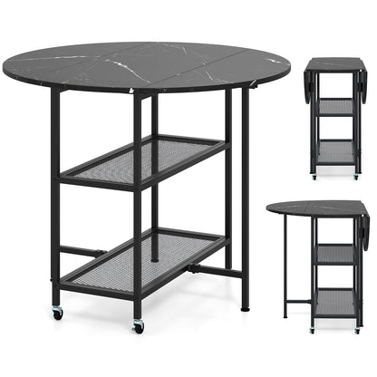 Space-Saving Round Folding Dining Table with Lockable Wheels and Black Faux Marble Top