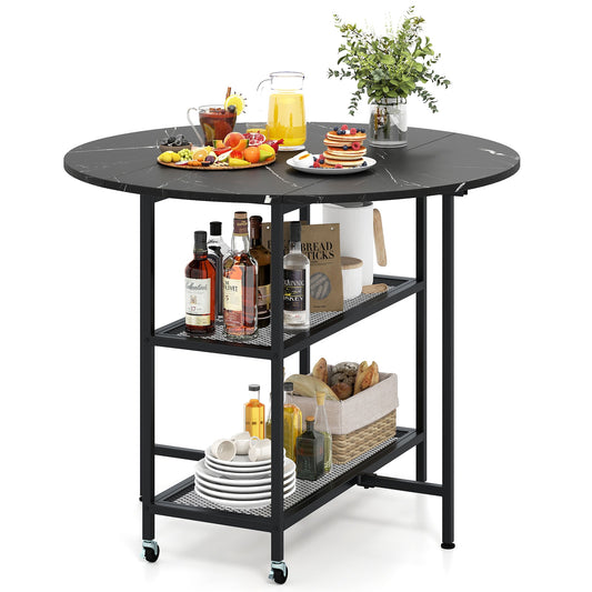 Space-Saving Round Folding Dining Table with Lockable Wheels and Black Faux Marble Top