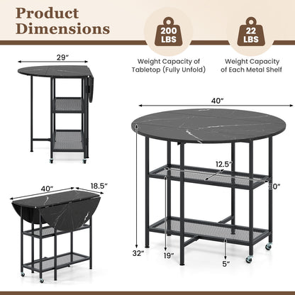 Space-Saving Round Folding Dining Table with Lockable Wheels and Black Faux Marble Top