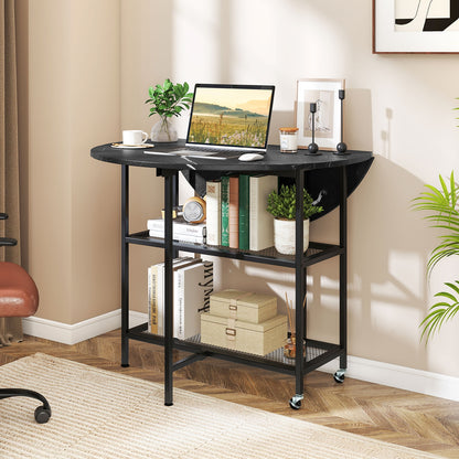Space-Saving Round Folding Dining Table with Lockable Wheels and Black Faux Marble Top
