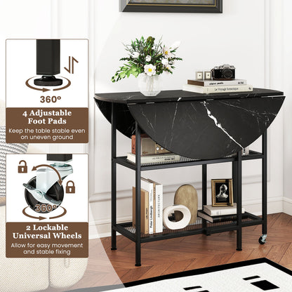 Space-Saving Round Folding Dining Table with Lockable Wheels and Black Faux Marble Top