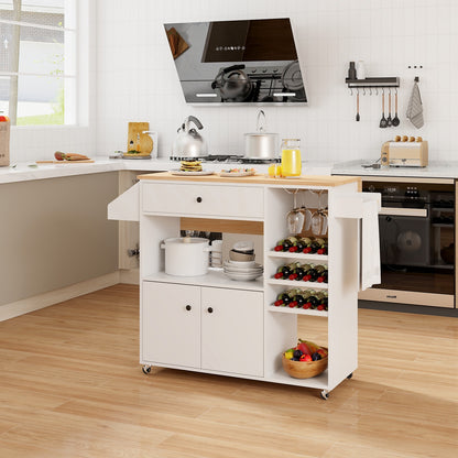 Rolling Drop Leaf Kitchen Island with Power Outlets Adjustable Shelf Wine Rack and Storage Drawer - White