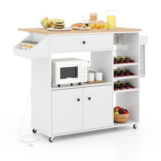 Rolling Drop Leaf Kitchen Island with Power Outlets Adjustable Shelf Wine Rack and Storage Drawer - White