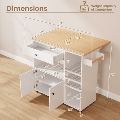Rolling Drop Leaf Kitchen Island with Power Outlets Adjustable Shelf Wine Rack and Storage Drawer - White