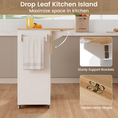 Rolling Drop Leaf Kitchen Island with Power Outlets Adjustable Shelf Wine Rack and Storage Drawer - White