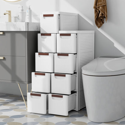Space-Saving Narrow Storage Cabinet with Stylish Finish and Built-In Wheels – 4-Drawer