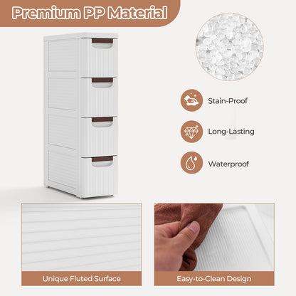 Space-Saving Narrow Storage Cabinet with Stylish Finish and Built-In Wheels – 4-Drawer