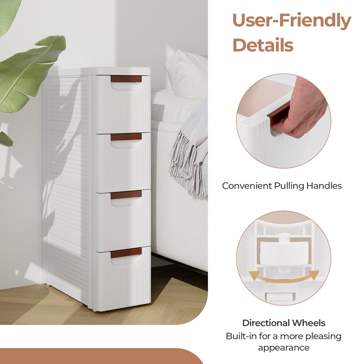 Space-Saving Narrow Storage Cabinet with Stylish Finish and Built-In Wheels – 4-Drawer