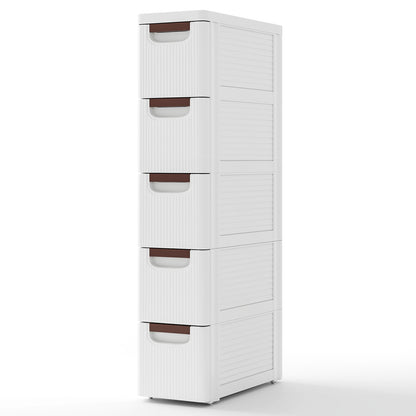 Space-Saving Narrow Storage Cabinet with Stylish Finish and Built-In Wheels – 5-Drawer