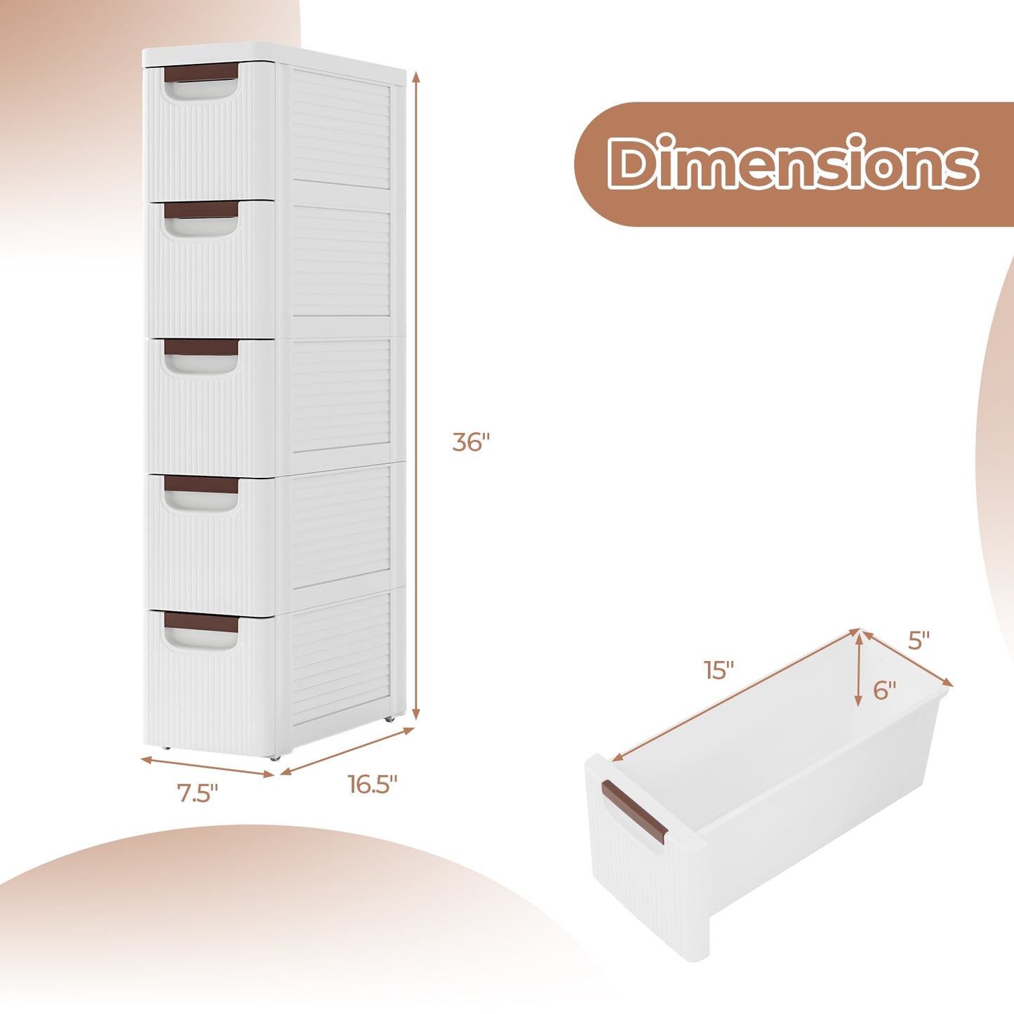 Space-Saving Narrow Storage Cabinet with Stylish Finish and Built-In Wheels – 5-Drawer