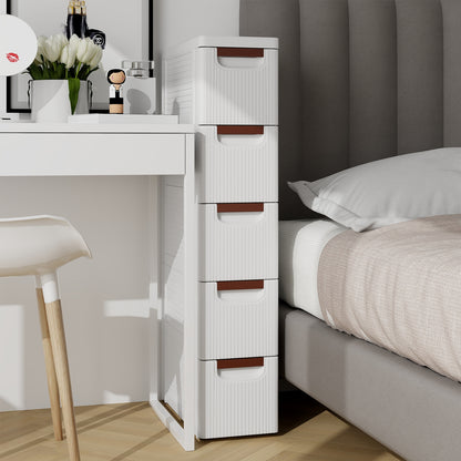 Space-Saving Narrow Storage Cabinet with Stylish Finish and Built-In Wheels – 5-Drawer