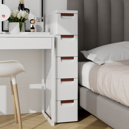 Space-Saving Narrow Storage Cabinet with Stylish Finish and Built-In Wheels – 5-Drawer