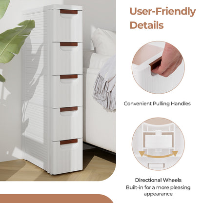 Space-Saving Narrow Storage Cabinet with Stylish Finish and Built-In Wheels – 5-Drawer
