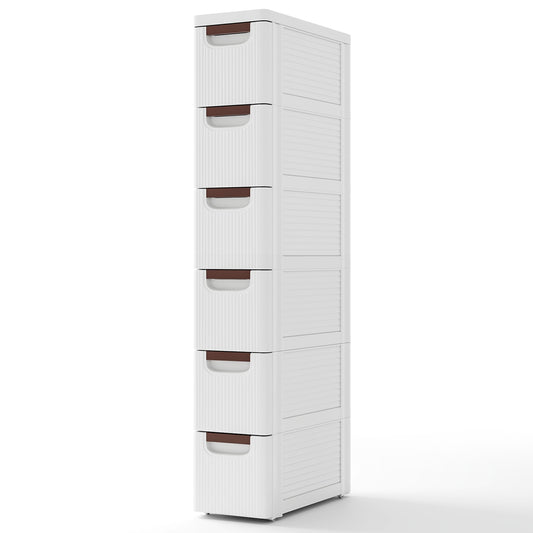 Space-Saving Narrow Storage Cabinet with Stylish Finish and Built-In Wheels – 6-Drawer