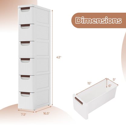 Space-Saving Narrow Storage Cabinet with Stylish Finish and Built-In Wheels – 6-Drawer