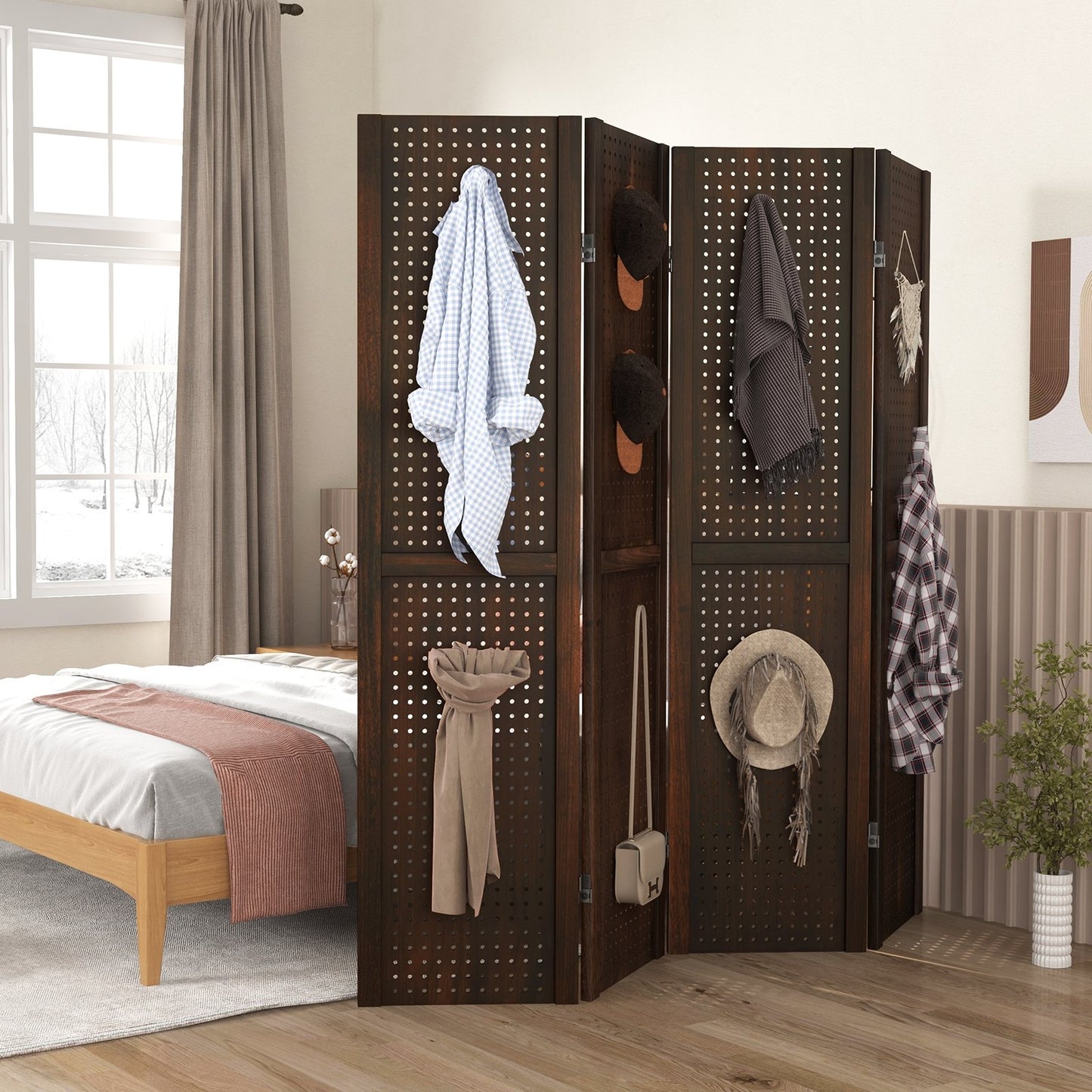 4 Panel 5 Foot Folding Pegboard Display Room Divider - Brown