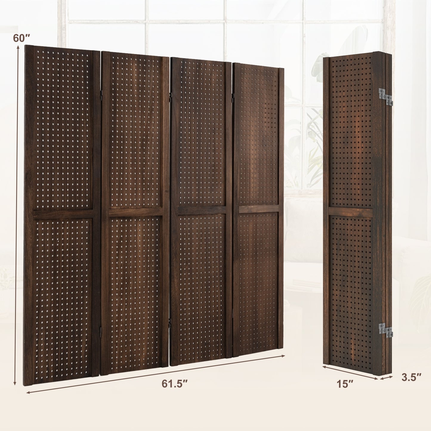 4 Panel 5 Foot Folding Pegboard Display Room Divider - Brown