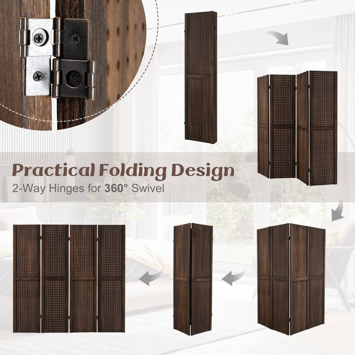 4 Panel 5 Foot Folding Pegboard Display Room Divider - Brown