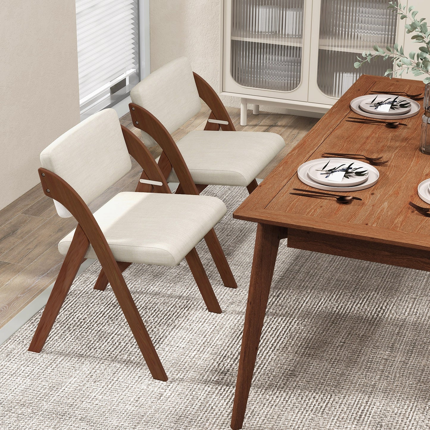 Set of 2 Folding Dining Chairs with Rubber Wood Legs and Cushioned Seat - Walnut
