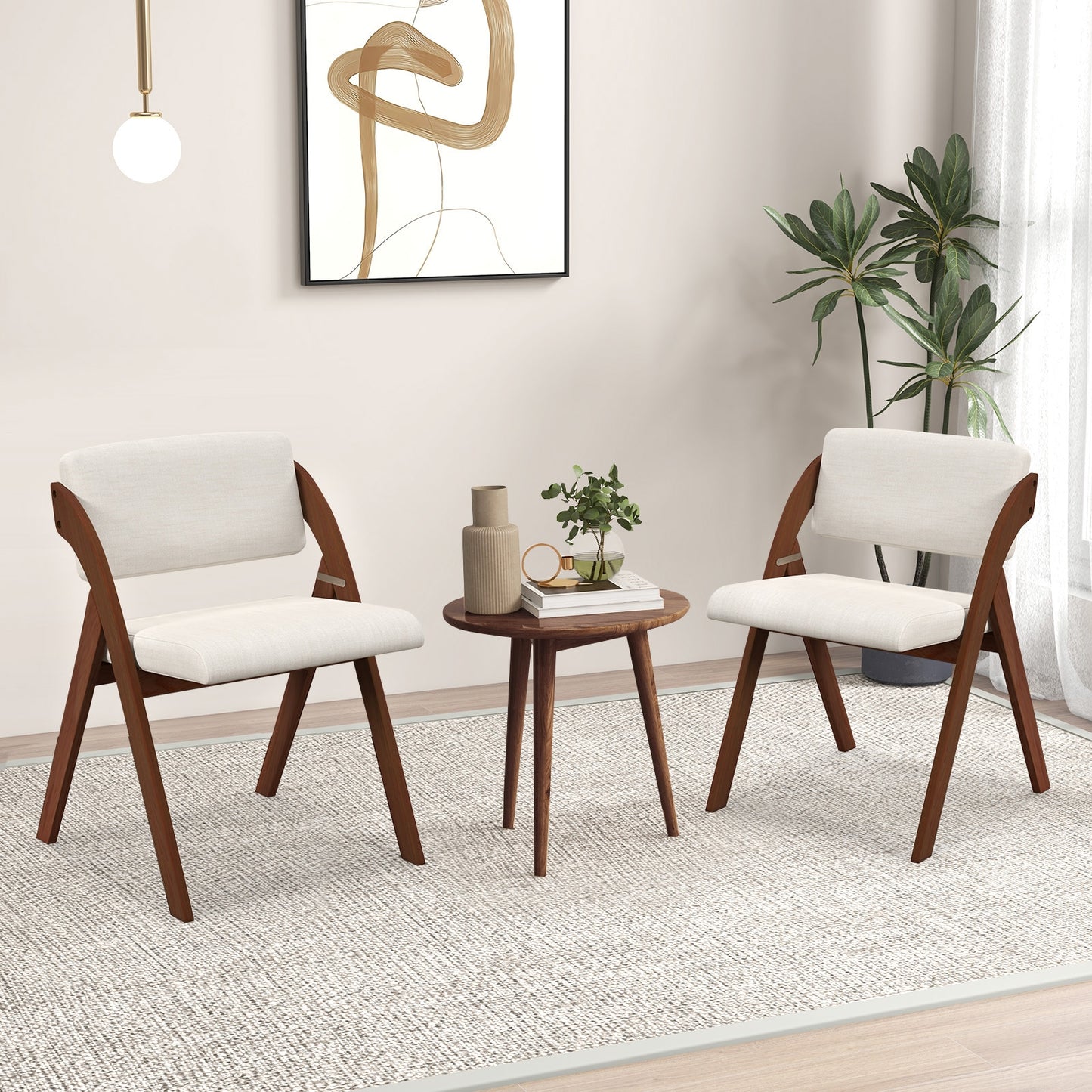 Set of 2 Folding Dining Chairs with Rubber Wood Legs and Cushioned Seat - Walnut