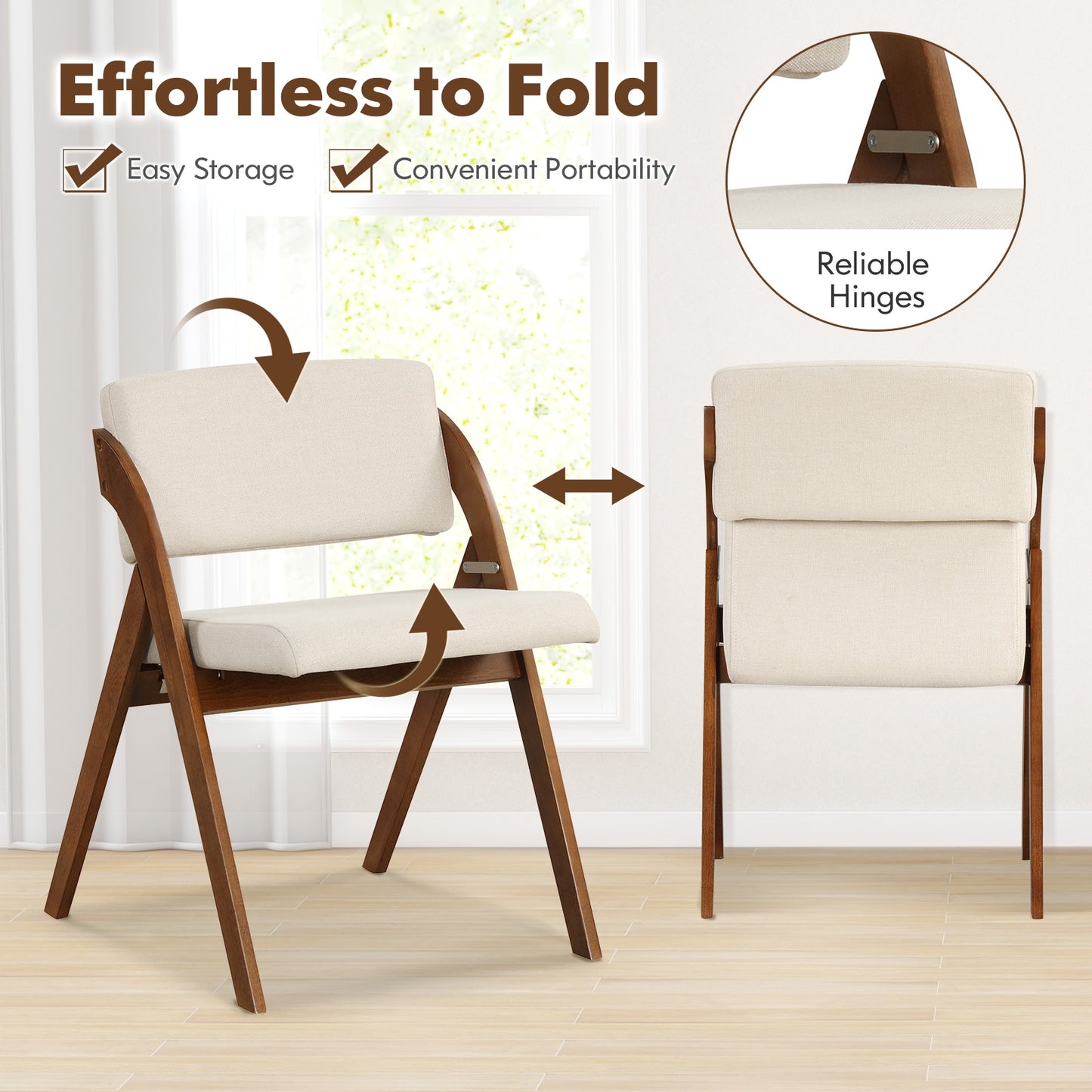 Set of 2 Folding Dining Chairs with Rubber Wood Legs and Cushioned Seat - Walnut