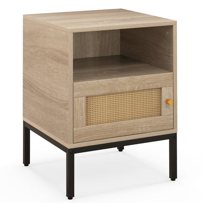 Boho Style Accent Table with Open Shelf and Storage Cabinet