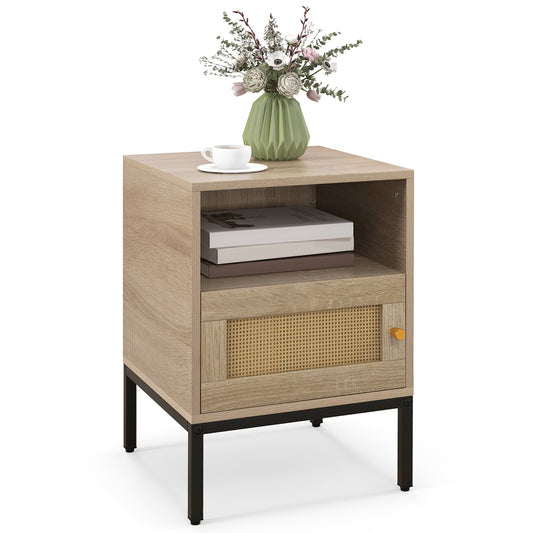 Boho Style Accent Table with Open Shelf and Storage Cabinet