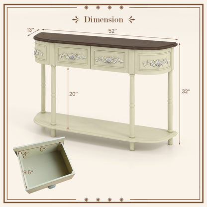 Vintage Curved Console Table with Storage Drawers and Solid Wood Legs